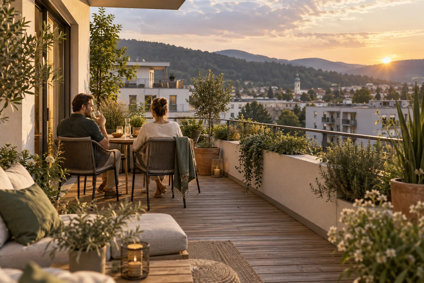 Abend auf einer begrünten Terrasse mit Blick auf Stadt und Hügel