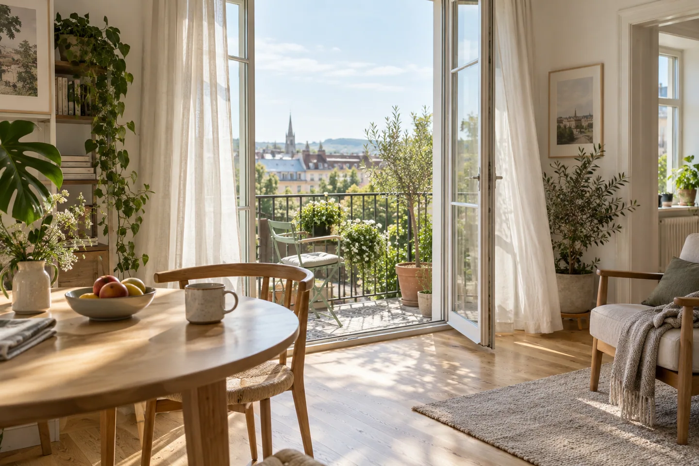 Morgenlicht fällt durch offene Balkontüren in einen hellen Wohnraum
